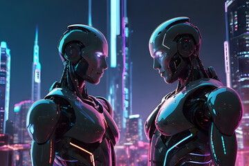 Two robots facing each other, glowing with romantic connection