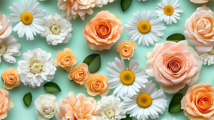 Roses and daisies arranged in alternating circular and square patterns, spring-inspired palette of peach, white, and yellow, placed on a soft mint green background, hd quality,