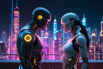 Two robots facing each other, glowing with romantic connection