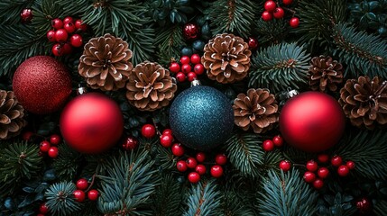 Obraz premium Beautifully Arranged Flat Lay of Holiday Ornaments and Pine Cone Decor