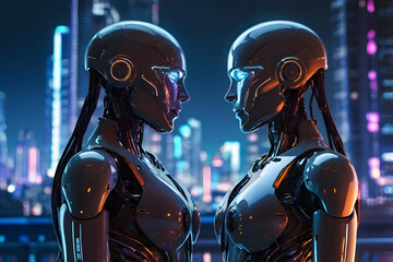 Two robots facing each other, glowing with romantic connection