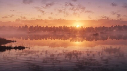 Fototapeta premium misty atmosphere over lake Neusiedl at sunset, sky, Neusiedl