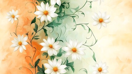 Obraz premium Seamlessly flowing pattern of white daisies and curling green vines, bold yet balanced, on a soft gradient background transitioning from cream to peach, hd quality, bright and stylish.