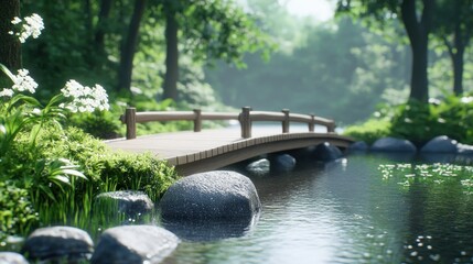 Naklejka premium A serene wooden bridge over a tranquil stream in a lush forest.