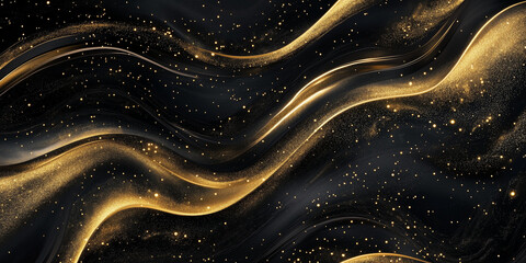 Golden Liquid Waves with Glittering Particles on Black Background