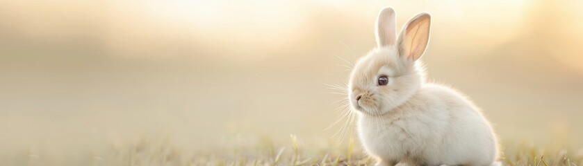 Obraz premium A cute white rabbit sitting on a grassy field, illuminated by soft natural light, creating a serene and peaceful atmosphere.