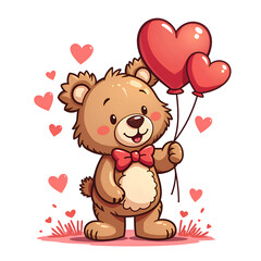 Adorable bear holding heart balloons in a playful, loving atmosphere full of hearts, digital illustration of character design concept.