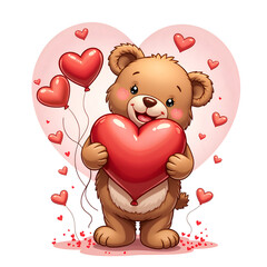 Obraz premium Adorable bear holding heart with balloons in a heart shaped background for romantic celebrations, digital art of character design concept.