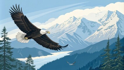 Fototapeta premium Bald Eagle Gliding Gracefully Above Snow Capped Mountains in Bright Blue Sky. Generative AI