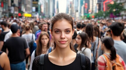 Fototapeta premium A large crowd of people standing in a bustling urban street, with a confident woman in the foreground looking directly at the camera, her expression strong and captivating