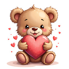 Obraz premium Adorable cartoon bear holding a heart surrounded by love hearts for a cute and heartwarming vibe, digital art of character design concept.