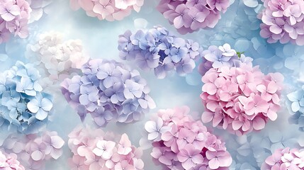 Fototapeta premium A dreamy cluster of pastel hydrangeas and lilacs in soft pink, lavender, and pale blue, highlighted against a luminous sky blue background with faint sunlight reflections, hd quality,
