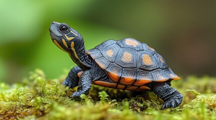 Obraz premium A close-up of a vibrant turtle on moss, showcasing its detailed shell and natural habitat.