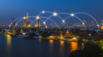 Obraz premium Abstract businesswoman stands on the peak of success Smart digital city with connection cyber security network reciprocity over the cityscape future wireless digital city and social media networking