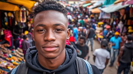 Fototapeta premium A large group of people gathered in a vibrant street market, with a young man standing still in the foreground, looking directly at the camera with a calm demeanor