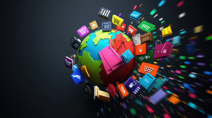 3D Globe with E-commerce Icons: Global Online Business Growth