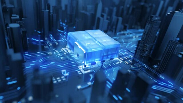 Concept advanced futuristic microprocessor chip connecting with a motherboard and activates entire system. High tech processor chip animation in city buildings, tech motherboard circuit current.