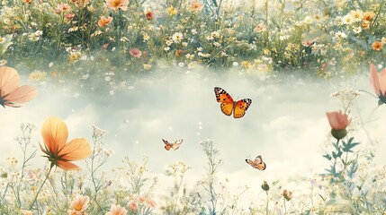A harmonious wildflower meadow in full bloom, colorful blossoms interspersed with lush green foliage, butterflies in soft pastel shades flying gently, under the glow of soft morning light, hd quality,