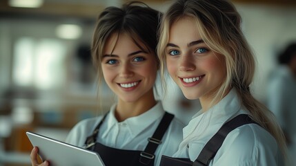 Smiling young women in aprons holding a tablet in a bright, modern workspace during a creative project