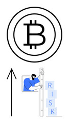 Bitcoin icon with upward arrow, person measuring risk blocks. Ideal for cryptocurrency, investment risk, financial growth, blockchain technology, market analysis, digital currency, economic trends