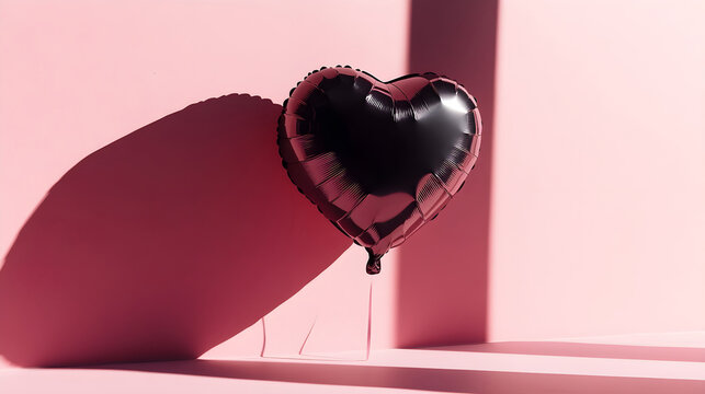 Giant heart-shaped balloons casting shadows over a minimalist pink background evoking elegance and love