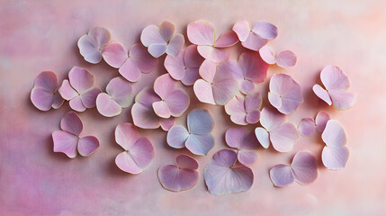 Obraz premium Heart-shaped flower petals scattered across a pale pink canvas background representing love and tenderness