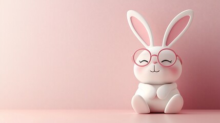 Obraz premium Cute cartoon bunny wearing glasses on pink background.