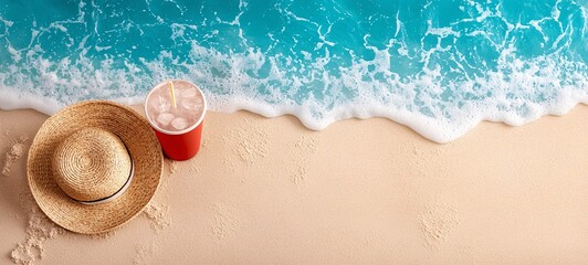 Obraz premium Beach Relaxation with Hat and Drink by the Ocean