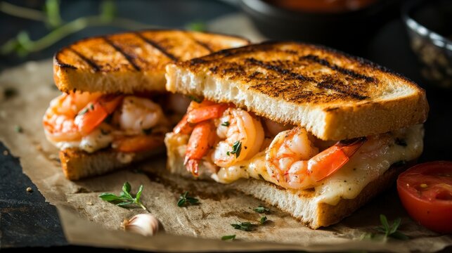 Grilled Shrimp Sandwich with Melted Cheese and Toasted Bread Served on Rustic Brown Paper with Fresh Ingredients and Sauce on the Side - Powered by Adobe