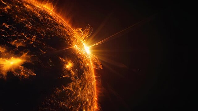 Star of our solar system. Camera orbits, revealing nebula gases erupting from the Sun's surface. Solar flares and coronal mass ejections unleash a torrent of searing hot gases into space