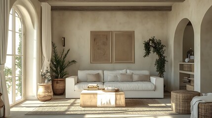 Mediterranean-style Italian living room with stucco walls, white sofas, and natural wooden accents