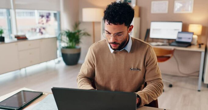 Laptop, typing and man in office with notes for psychology, assessment or schedule planning ideas. Research, paperwork and therapist at clinic checking results, online report or digital admin at desk