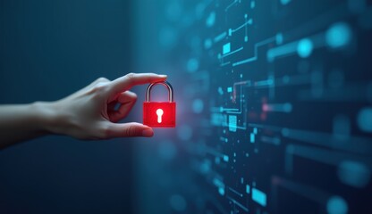 Fototapeta premium A hand reaching out to hold a floating padlock symbolizing data protection and cybersecurity
