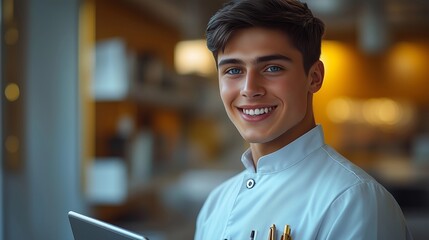 Young male chef smiles while holding a tablet in a modern kitchen, showcasing confident culinary expertise and a welcoming atmosphere