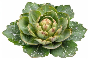 Obraz premium Closeup of Whole Artichoke With Leaves Spread out on a White Background Highlighting Its Texture and Freshness. Generative AI