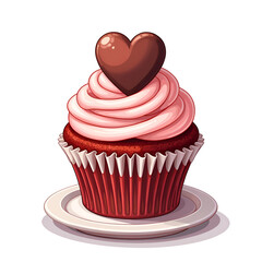 Delicious red velvet cupcake with pink frosting and heart shaped chocolate decoration, digital illustration of food illustration concept.