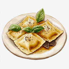 Gourmet food menu featuring truffle stuffed ravioli elegantly plated with vibrant herbs and rich sauces wihte background