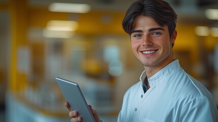 Young healthcare professional smiles while holding a tablet in a modern medical facility during the daytime