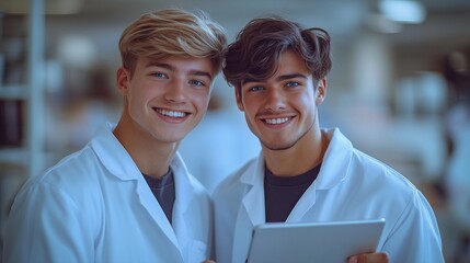Two young male scientists smiling and collaborating on a project in a laboratory setting during daylight