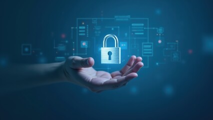 A hand reaching out to hold a floating padlock symbolizing data protection and cybersecurity
