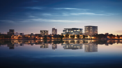 Fototapeta premium Twilight Serenity: Urban Skyline Reflected on Water