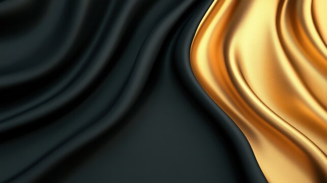 Elegant Black and Gold Silk Fabric Flow Textile Photography Studio Setting Close-up View Luxury Concept