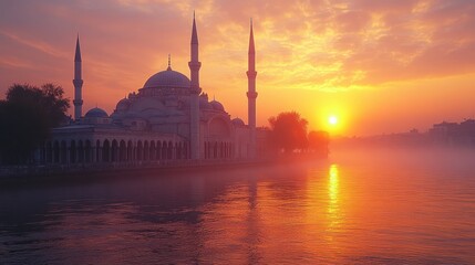Naklejka premium A serene sunset over a mosque by the river, creating a tranquil atmosphere.