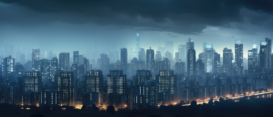 Obraz premium Illuminated Urban Skyline Under Stormy Sky