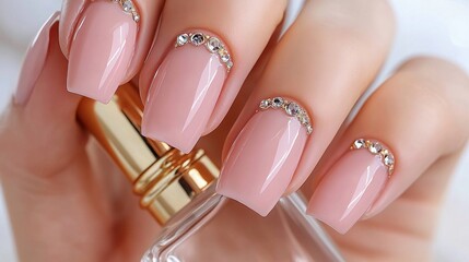 A close-up of elegant, well-groomed nails in a delicate pastel pink hue, each nail embellished with delicate gold accents and small crystal embellishments at the base.