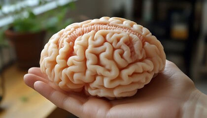 Psychologist s hand holding a detailed anatomical model of the human brain, symbolizing brain research and mental health care Generative AI, clean and professional