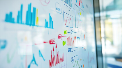 colorful whiteboard filled with graphs, charts, and data visualizations, showcasing analytical insights and creative brainstorming in modern workspace