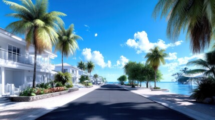 Fototapeta premium Serene coastal street lined with palm trees and clear blue skies.