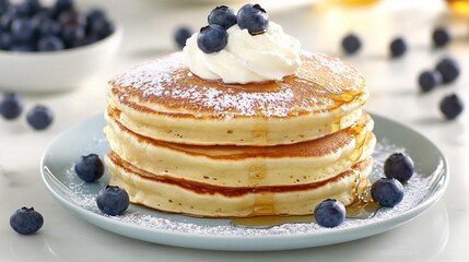 A stack of golden, fluffy pancakes topped with whipped cream, fresh blueberries, and powdered sugar