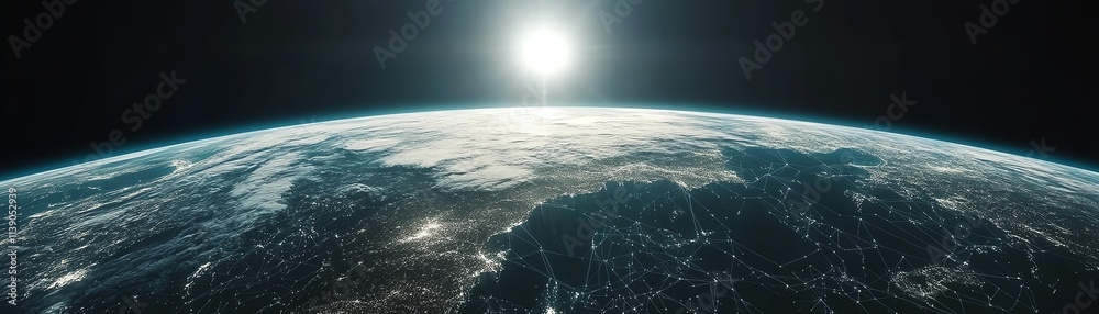 Poster a 3d rendering of earth with continents linked by digital networks, representing global communicatio